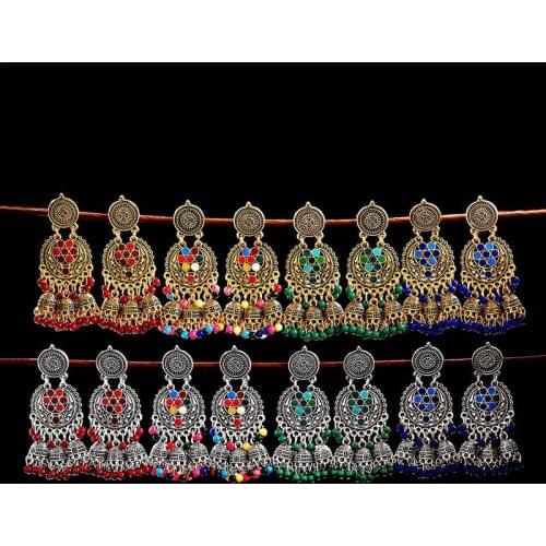 TopHanqi Indian Jhumka Earrings For Women Gold Sliver Color Metal Colorful Beads Big Bell Flower Carved Tassel Dangle Earring