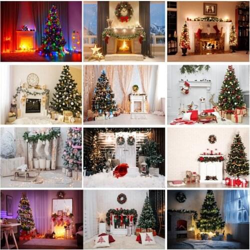 Vinyl Custom Christmas Day Photography Backdrops Prop Christmas Tree Fireplace Photographic Background Cloth 21710CHM-003
