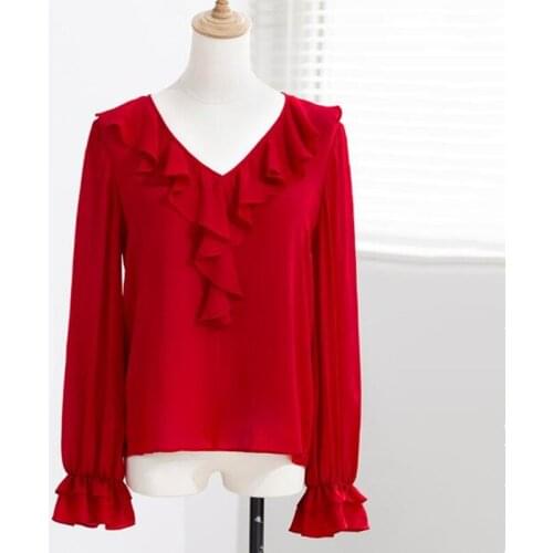 Plus size Spring Vintage Elegant Women Chiffon Blouses Casual Long Sleeve Blusas Femme V-neck Ruffle Solid Shirts Tops 7XL 8XL