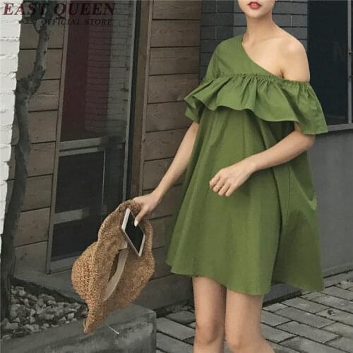 Womens dresses new arrival 2018 casual sundresses one shoulder sundress solid color ruffles flare sleeve female dress ZZ034 a
