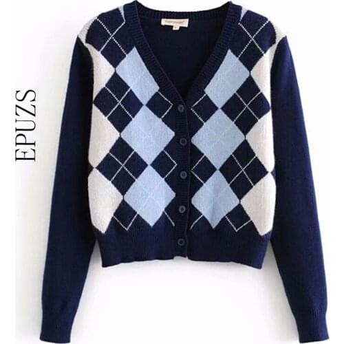 Women blue Cardigan sweater Vintage Geometric Pattern Short Knitted Sweater winter Long Sleeve English Style crop Cardigan 2020