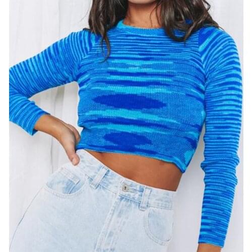 Women Long Sleeve Knitted Sweater Harajuku Multicolor Blue Striped Print Pullover Crop Top Crew Neck Slim Jumper Shirts