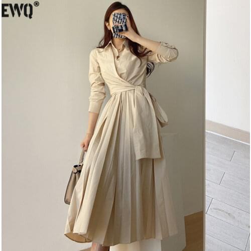 [EWQ] Women Khaki Simplicity Cross Straps To Close The Waist Dress New Lapel Long Sleeve Fashion Tide Autumn Autumn 2021 2F0361