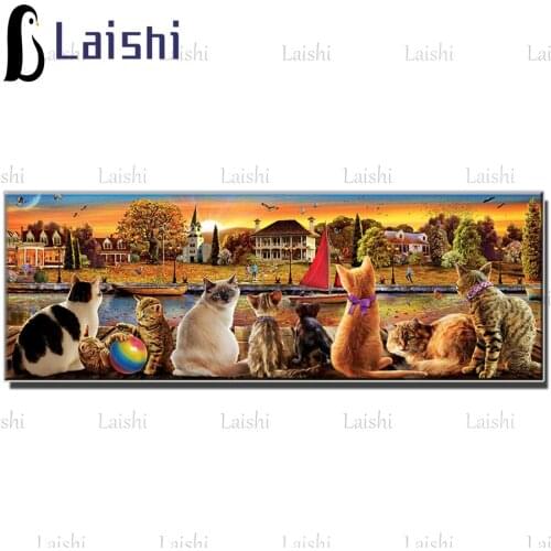 3D picture of rhinestones mosaic Cat playing on the pier at sunset diamonds painting animal sale crystal beads home decoration