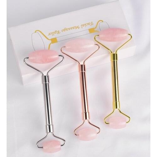 Face Massage Roller Natural Jade Rose Quartz Metal Stick Acupuncture Massager Body Scraper Anti Aging Facial Beauty Gift Box