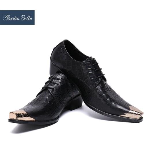 Christia Bella Fashion Party Formal Shoes Metal Square Toe Man Real Leather Shoes Large Size Lace Up Business Handmade Shoes