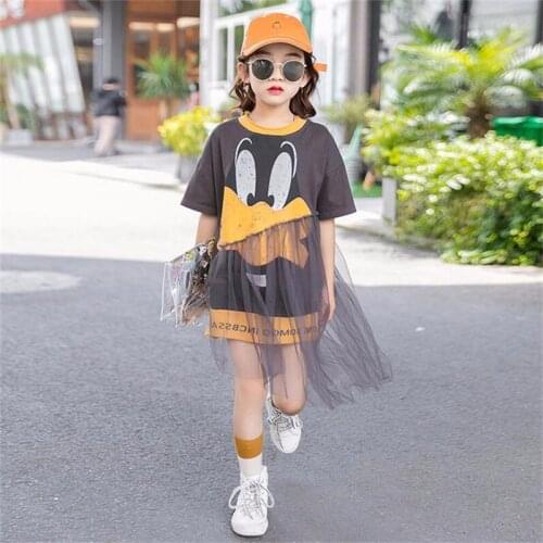 3-10 Years Teens Kids Mesh Dresses for Girls Cartoon Print Dress Summer Children Cute Clothes