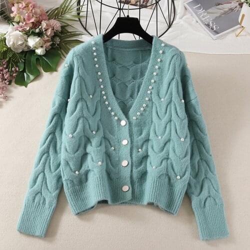 2020 Cardigans Women Sweater Casual Autumn Winter Knit Women Sweater Pearl Long Sleeve V-neck Button Solid Ladies Sweaters Coat