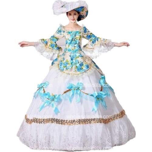 2018 Brand New Floral Printed Rococo Marie Antoinette Dresses Sothern Belle Masquerade Ball Costumes Theatre Clothing