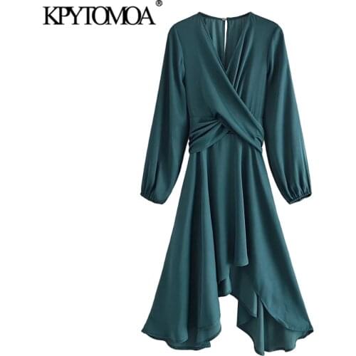 KPYTOMOA Women 2021 Fashion With Bow Tie Pleated Asymmetric Midi Dress Vintage Long Sleeve Back Zipper Female Dresses Vestidos
