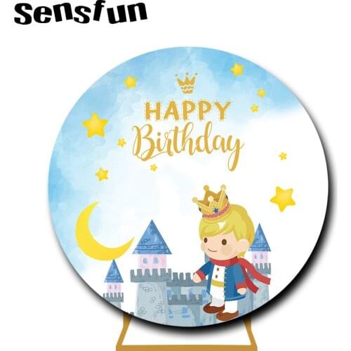 Sensfun Little Prince Round Backdrop Cover Light Blue Castle Stars Moon Crown Boys 1st Birthday Party Photography Background