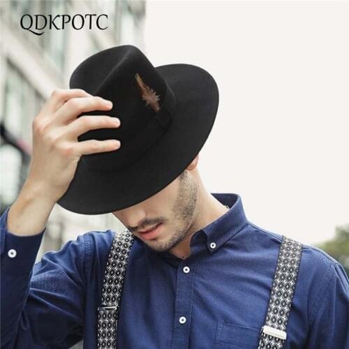 QDKPOTC Autumn Winter Wide Brim Gentleman Fedora Men Feather Jazz Hat Flat Brim Felt Cap Trilby Wool Bowler Hats Jewish Hat