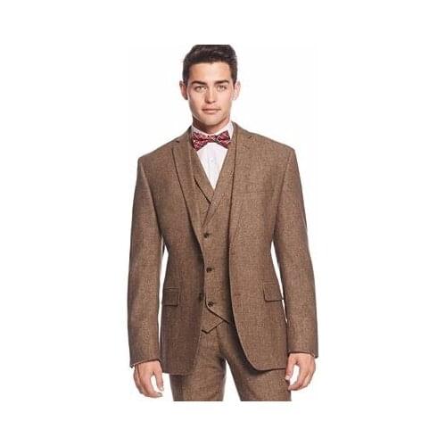 2017 Latest Coat Pant Designs Brown Tweed Men Suit Slim Fit 3 Piece Suits Skinny Tuxedo Custom Groom Prom Blazer Terno Masculino