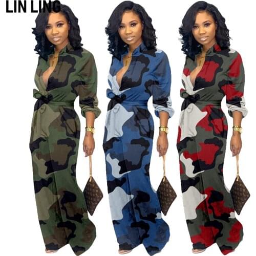 LINLING Autumn Lapel Single Breasted Full Sleeve Pocket Baggy Wide Leg Pant Belt Waist Closed Camouflage Jumpsuit