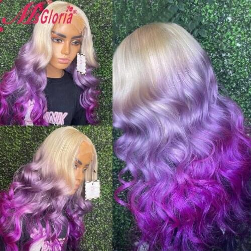 13x4 Lace Frontal Wig Ombre Pink Purple Colored 13x4 Lace Front Human Hair Wigs Body Wave Remy Brazilian Hair Wigs For Women