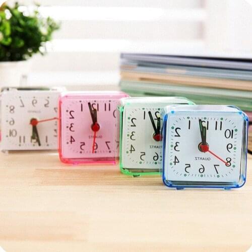 Popular Square Small Bed Alarm Clock Transparent Case Compact Travel Clock Mini Children Student Desk Watch