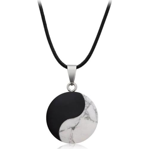 Silver Plated Black Obsidian and White Howlite Stone Pendant Rope Chain Necklace Yin Yang Eight Diagrams Jewelry