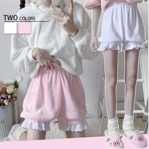 Pink White Winter Cute Lolita Girls Warm Velvet JK Shorts Sweet High Waist Lace Plush Shorts Women Summer Kawaii Bloomers Shorts