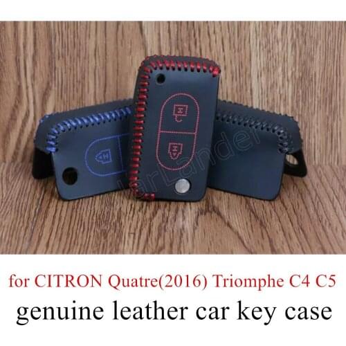 Only Red fit for CITRON 2 button Quatre(2016)/Triomphe/C4/C5 car key case sewing Hand DIY car styling Genuine quality leather