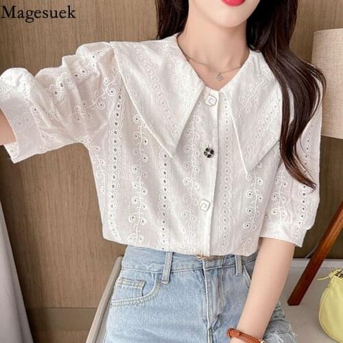 Summer Doll Collar Korean Blouse Women 2021 Short Sleeve Embroidered Sweet Tops White Cotton New Fashion Solid Color Shirt 14377