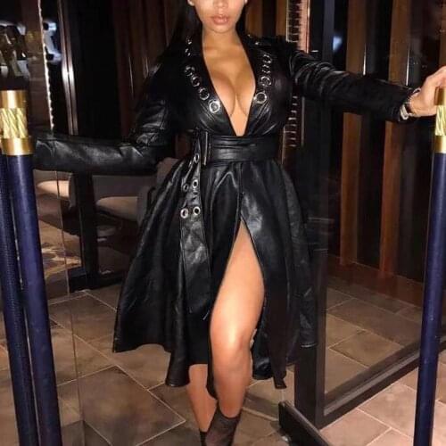 2020 New PU Faux Leather Long Black Leather Jacket Women Plus Size 4xl 5xl Metal Hole Autumn Winter Vintage Outwear Oversized