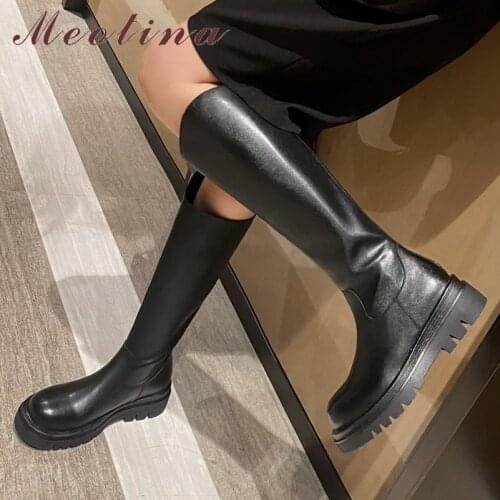 Meotina Genuine Leather Riding Boots Women Shoes Platform Flat Knee High Boots Round Toe Zipper Ladies Long Boots Autumn 33-43
