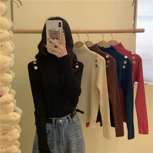 Woman Sweaters Fall Winter Inner Wear Slim-Fit Short Long Sleeve Knitwear Mock Neck Sweater Women