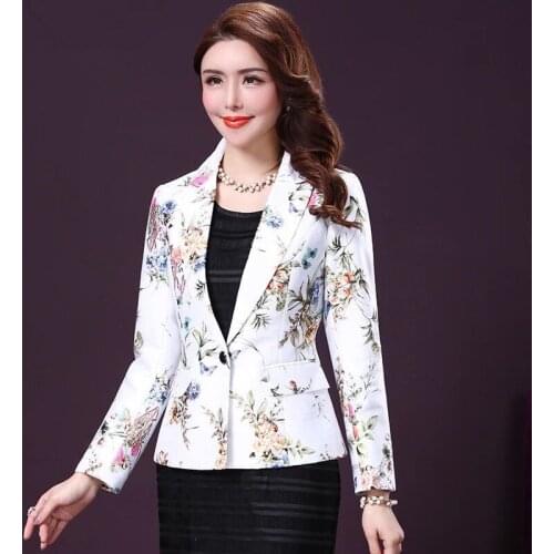 Spring Fall Fashion Women Female Suit Collar One Button Floral Blazer , Woman Clothes 4xl 3xl Slim Flower Pattern Blazers Coat
