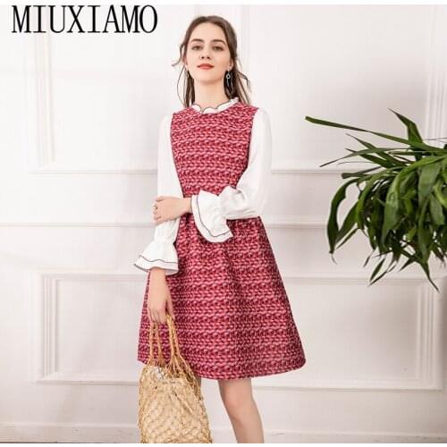 MIUXIMAO 2021 Runway Spring New WomenS Flared Sleeve Patchwork Jacquard Fashion Party Casual Vintage Elegant Chic Dress Vestido