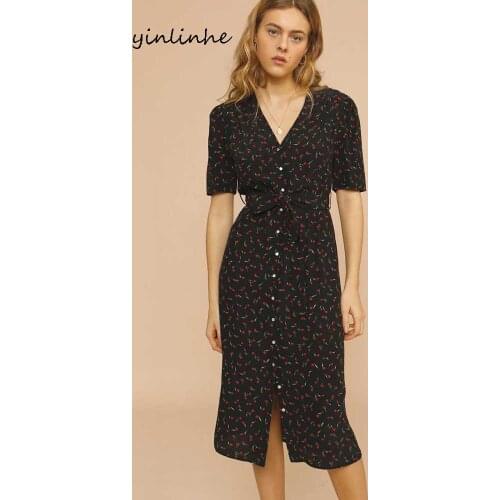 Yinlinhe Rose Floral Black Button Dress Women Short Sleeve Belt Tied Slim Waist Summer Dress Vintage Long Dresses French 2117