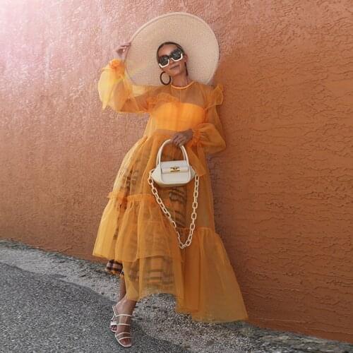 2020 New Trend Orange Tulle Dresses For Women Ankle Length Party Gowns Jewel Puff Long Sleeve Ruffles Streetwear Zipper Back