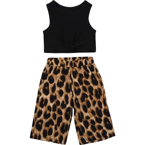 Infant Kids Baby Girls 2Pcs Set Ribbed Vest Tops Knot Shirt Leopard 3/4 Length Pants Summer Child Clothes Fashion Outfits 2-7Y