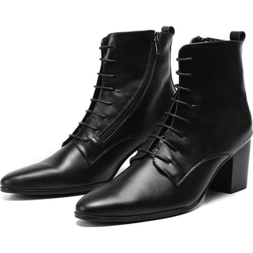 Winter Autumn Mens Ankle Boots Men Genuine Leather High Heels Boots Pointed Toe Dress Lace Up Boots Men Shoes Calzado Hombre