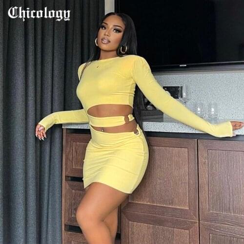 Chicology 2021 Women Autumn Long Sleeve Round Neck Waist Hollow Out Circle Mini Bodycon Casual Elegant Streetwear Dress
