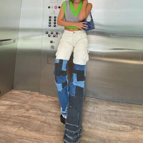 Color Block High Waist Flare Jeans With Pockets Streetwear Sexy Trousers Bell Bottoms Skinny Patchwork Denim Jean Pants