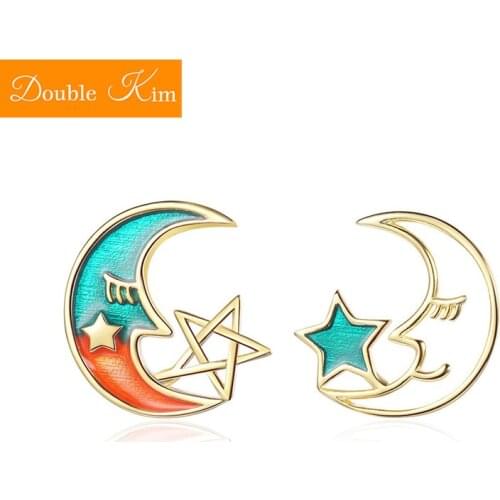 Gradient Moon Cute Stars Stud Earrings Copper Inlaid Zircon Asymmetry Earrings Gold Fashion Trendy Women Jewelry Gift