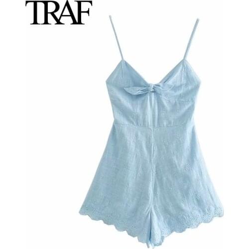 Traf Women Clothing Summer 2021 French Fashion Bowknot Suspender Jumpsuits Embroidered Wide Leg Shorts Romper Mujer