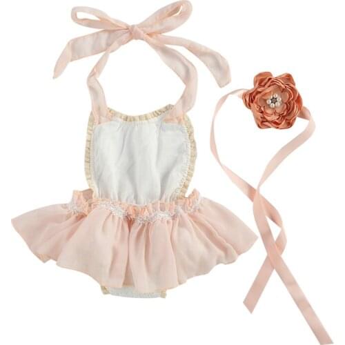 0-24M Newborn Baby Girls Princess Rompers Flowers Lace Print Sleeveless Belt Ruffles Jumpsuits