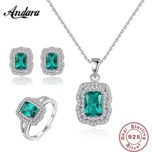 High Quality Female Wedding Jewelry Set 925 Sterling Silver Vintage Geometric Green Gem Necklaces Earrings Rings Jewelry Sets