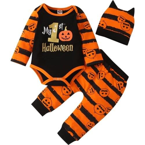 0-24M Newborn Infant Baby Boy Girl 3Pcs Halloween Clothing Set Long Sleeve Letter Printed Romper Pants Suit