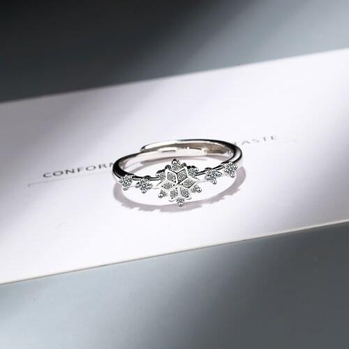 Simple Female Snowflake Crystal Open Ring Classic Silver Color Thin Engagement Ring Cute Bridal Love Wedding Rings For Women