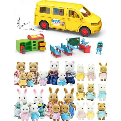 Sweety Zoey Forest Animals 1/12 School Bus Family Campus Desks and Chairs Dollhouse Bunny Miniature Furniture Gifts for Girls