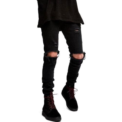 Fashion new high quality 2018 Vintage jeans black rock star knee holes destroyed skinny denim Slim pencil jeans men