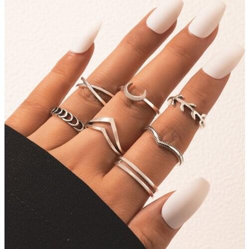 Tocona 7pcs/sets Vintage Antique Silver Color Moon Rings Sets Leaf Cross Geometric Bohemian Jewelry for Women Men Wholesale 9893