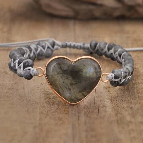 Natural Labradorite Heart Charm Bracelets Women Man Handmade String Braided Warp Yoga Charm Boho Friendship Bracelet Bangle