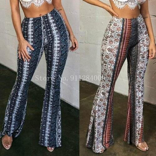 2021 New Boho Summer Womens Stretch Bell Bottom Trousers Ladies Slim Printed Flared Pants High Waist Fashion Women Long Pants