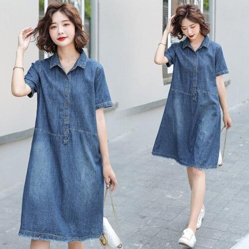 New Summer Style Women Dresses Plus Size Turn-Down Collar Solid Tassel Hem Short Sleeve Jeans Dress For Female Denim One-Piece
