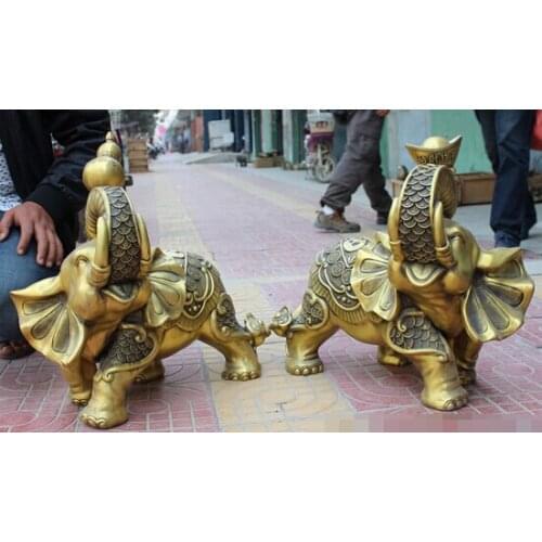 Wholesale factory 20" Folk Chinese Bronze Animals Gourd YuanBao Auspicious Fu Elephant Statue Pair 25% off
