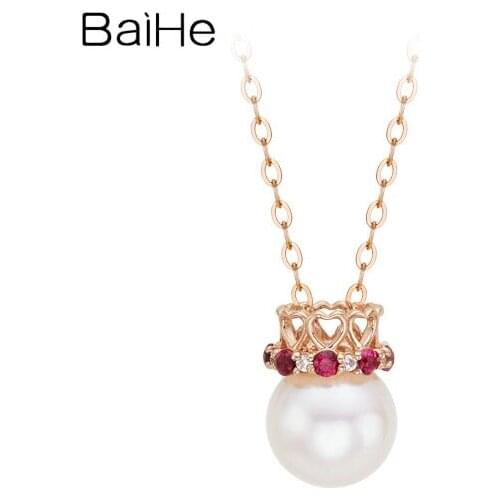 BAIHE Solid 18K White/Yellow/Rose Gold Freshwater Pearl Natural Diamond Ruby Crown Necklaces Wedding Women Trendy Fine Jewelry