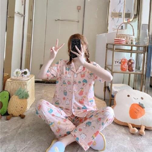Print Cartoon Women Pajamas Set Sweet Cute Female Sleepwear Loungewear Loose Short Sleeve Pijamas Suit Spring Summer Home Wear